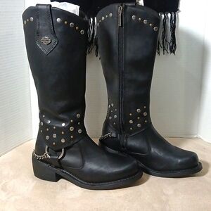 Women's Black Leather Harley Davidson Studded Boots